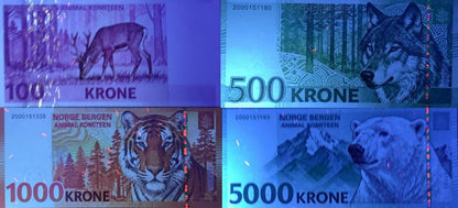 Norway TEST NOTE Animal Tiger Polar Bear Wolf Deer COMM Notes Set 4 pcs UNC