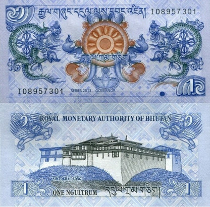 Bhutan 1 Ngultrum 2013 P 27b Simtokha Dzong Dragons AU