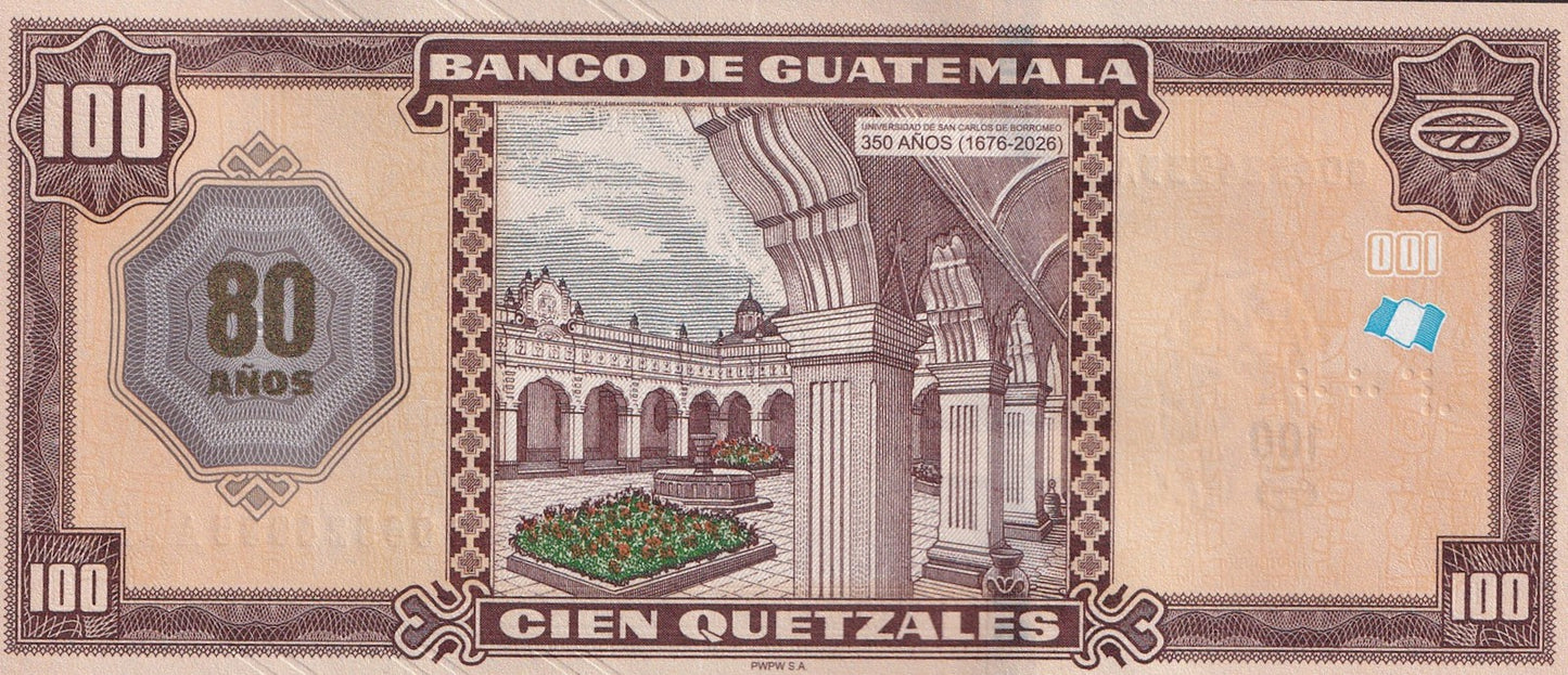 Guatemala 100 Quetzales 2025 2026 P 130 New 80th Ann BDG UNC Commemorative