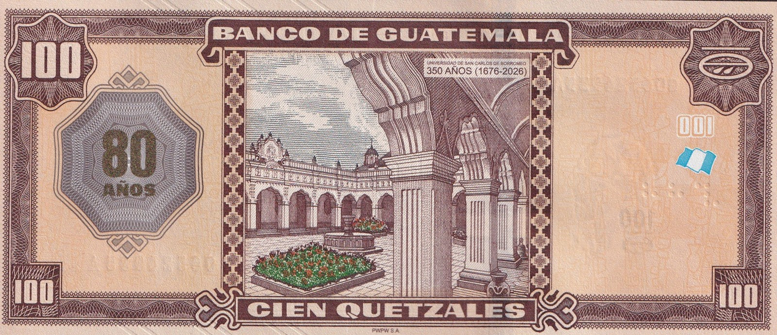Guatemala 100 Quetzales 2025 2026 P 130 New 80th Ann BDG UNC Commemorative