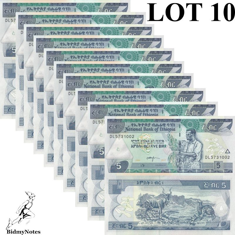 Ethiopia 5 Birr 2009/2017 P 47h UNC 1/10 Bundle LOT 10 pcs