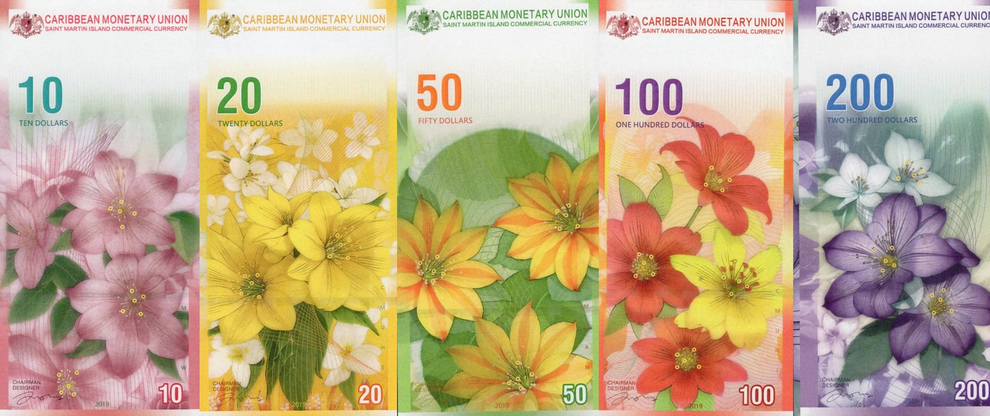 Caribbean Saint Martin Notes Bird & Flower COMM. Banknotes Full Set 5 pcs UNC