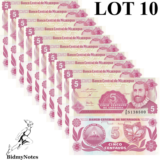 Nicaragua 5 Centavos de Cordoba ND 1991 P 168 UNC 1/10 Bundle LOT 10 pcs