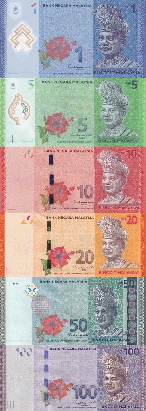 Malaysia 1 5 10 20-100 Ringgit 2009-11 P 50-56 Paper Polymer UNC COMM. Set 6
