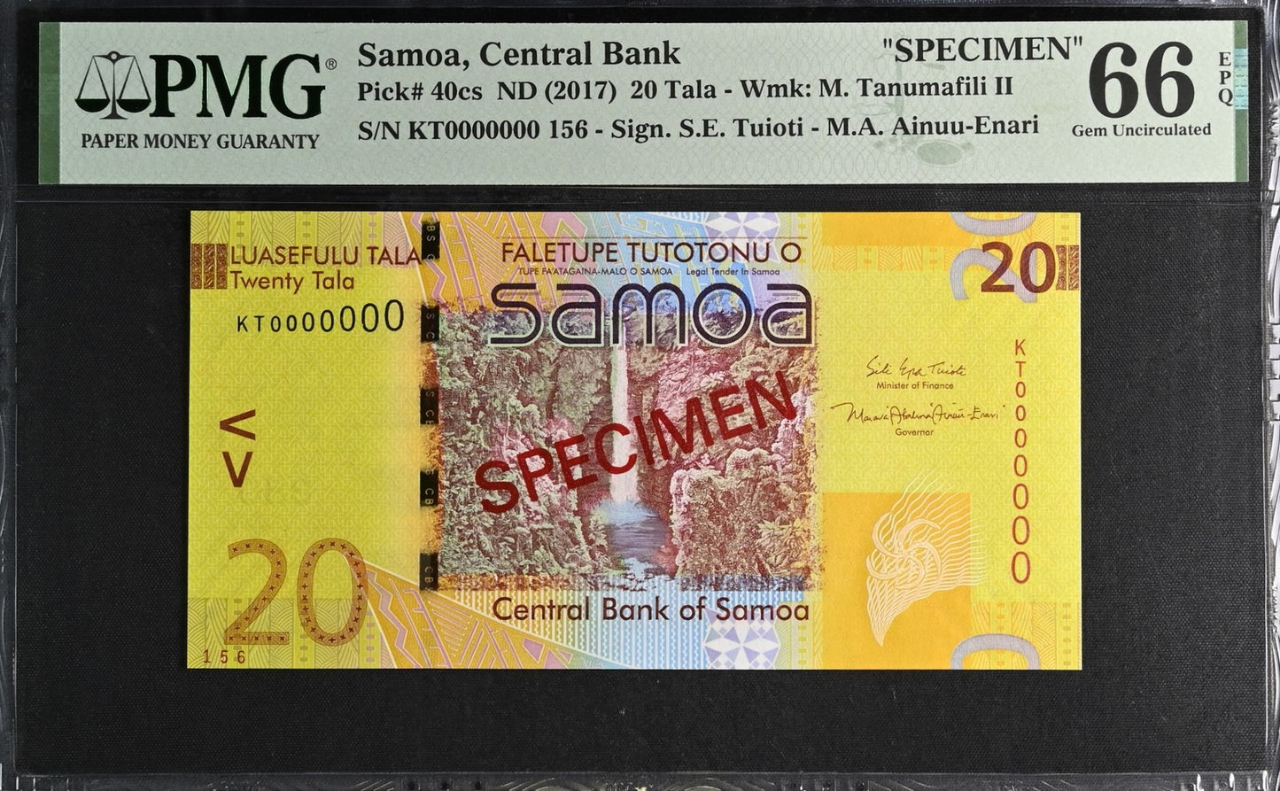 Samoa SPECIMEN 20 Tala ND (2017) P 40cs UNC PMG 66 EPQ S/N 156 3rd TOP POP