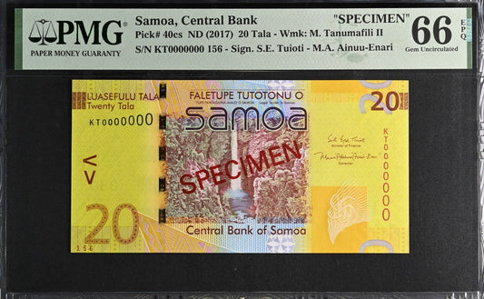 Samoa SPECIMEN 20 Tala ND (2017) P 40cs UNC PMG 66 EPQ S/N 156 3rd TOP POP
