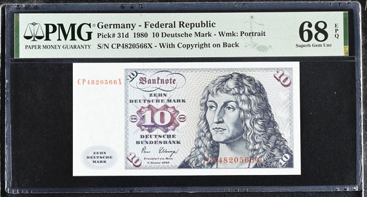 Germany Federal Republic 10 Deutsche Mark 1980 P 31d UNC PMG 68 EPQ 2nd TOP POP