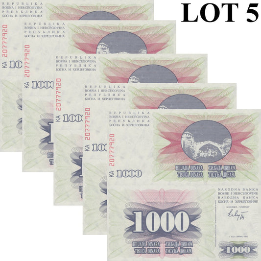 Bosnia & Herzegovina 1000 Dinara 1992 P 15 UNC 1/20 Bundle Lot 5 pcs