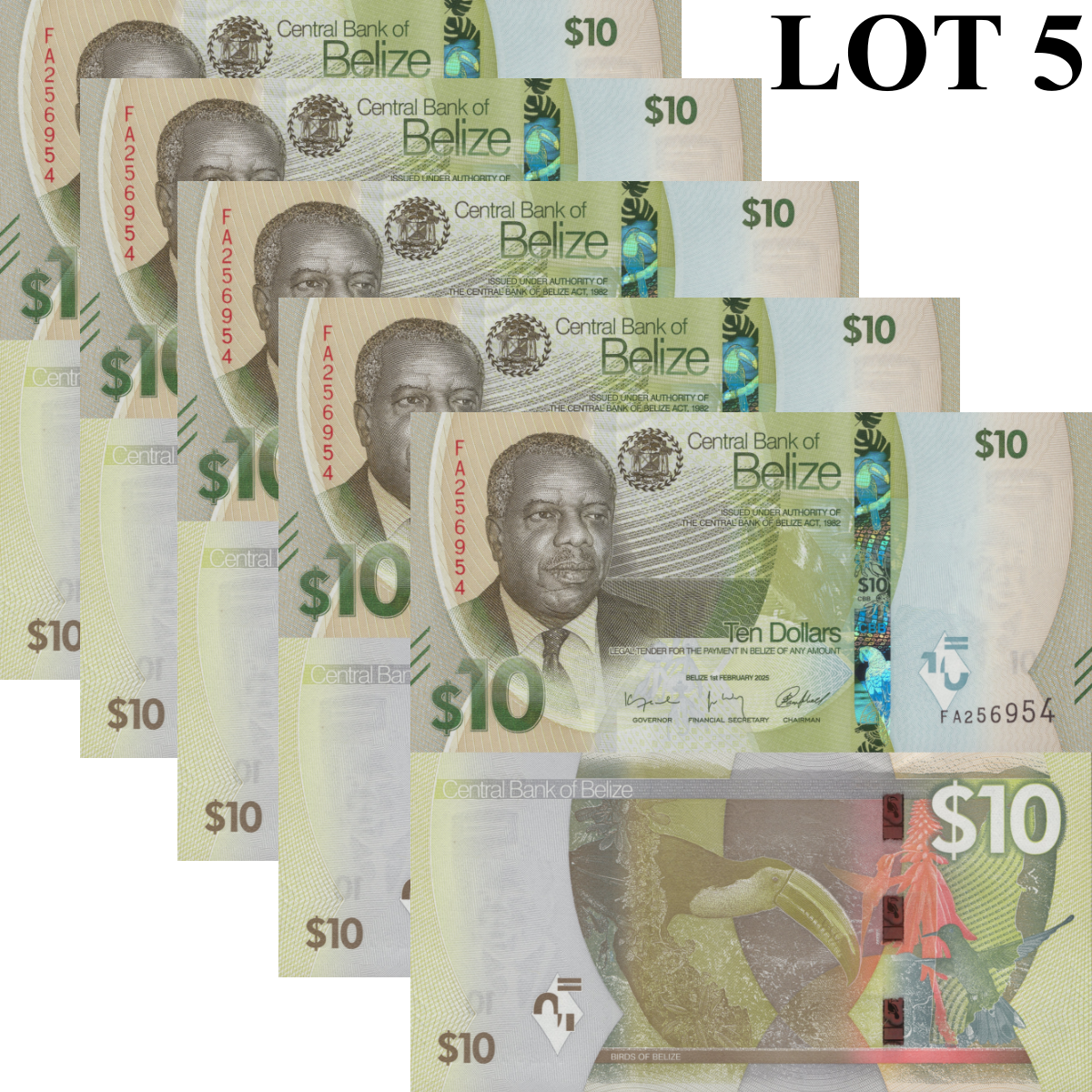 Belize 10 Dollars 2025 P New Issue UNC 1/20 Bundle LOT 5 pcs