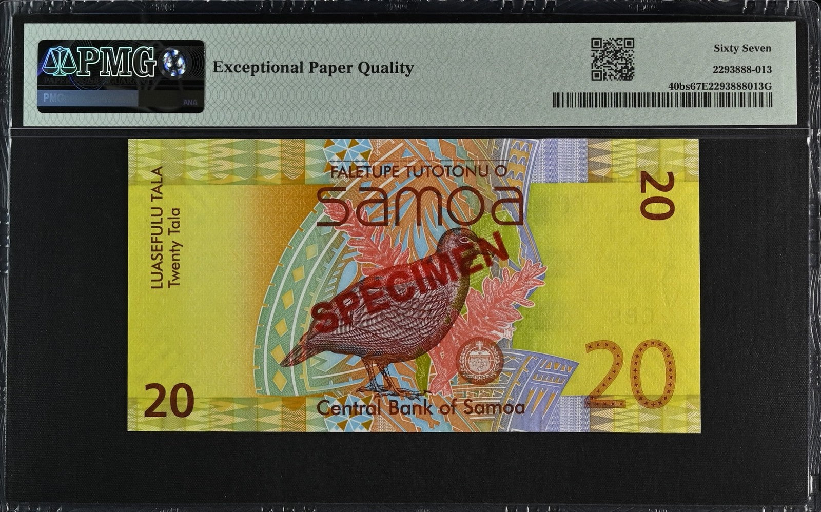 Samoa SPECIMEN 20 Tala ND (2014) P 40bs UNC PMG 67 EPQ S/N 113 TOP POP