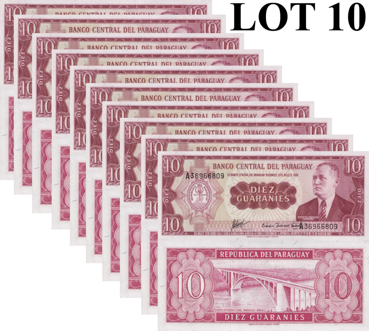 Paraguay 10 Guaraníes 1952 P 196 UNC 1/10 Bundle Lot 10 pcs