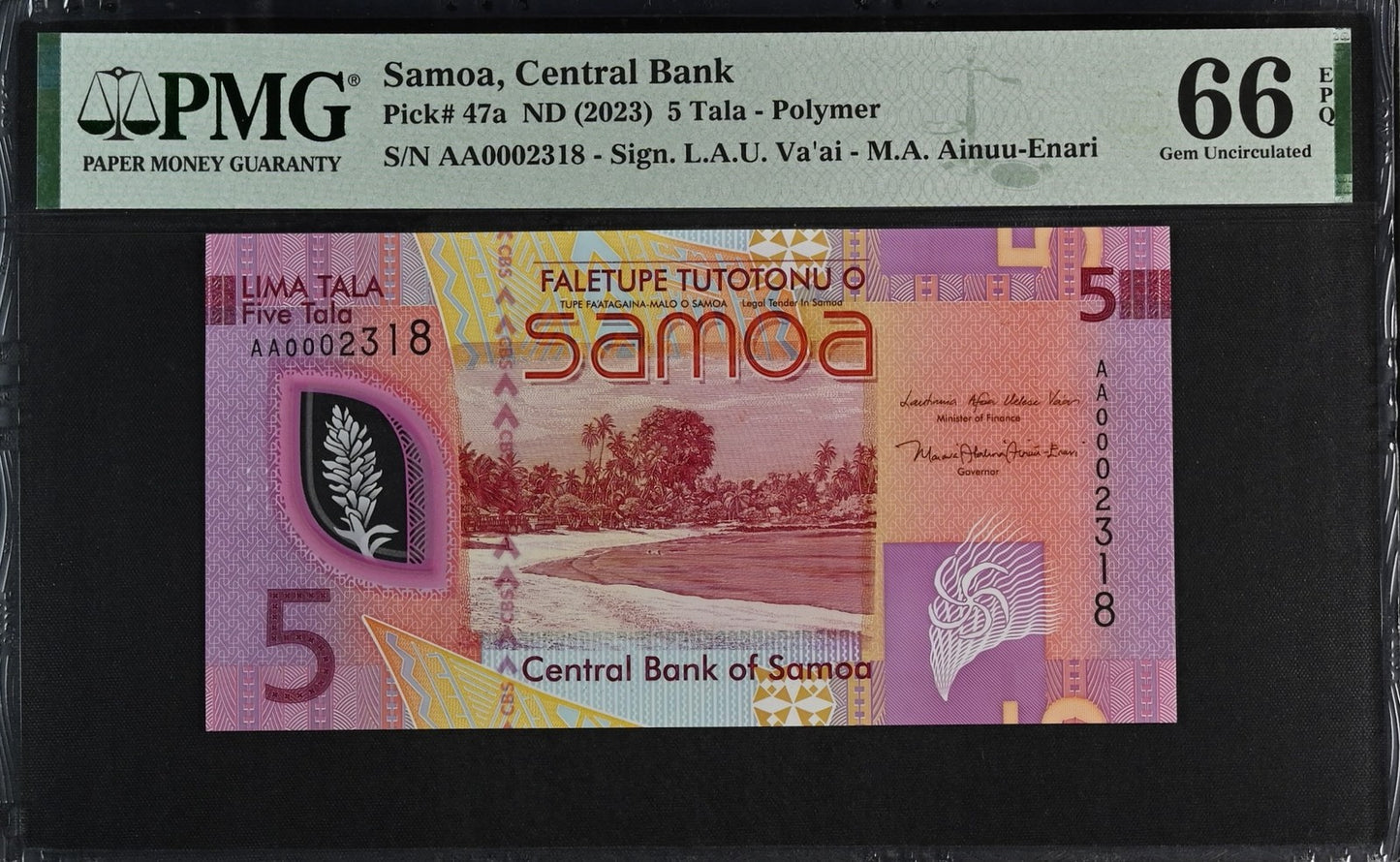 Samoa 5 Tala ND 2023 P 47a Polymer UNC PMG 66 EPQ Prefix AA LOW S/N 3rd TOP POP