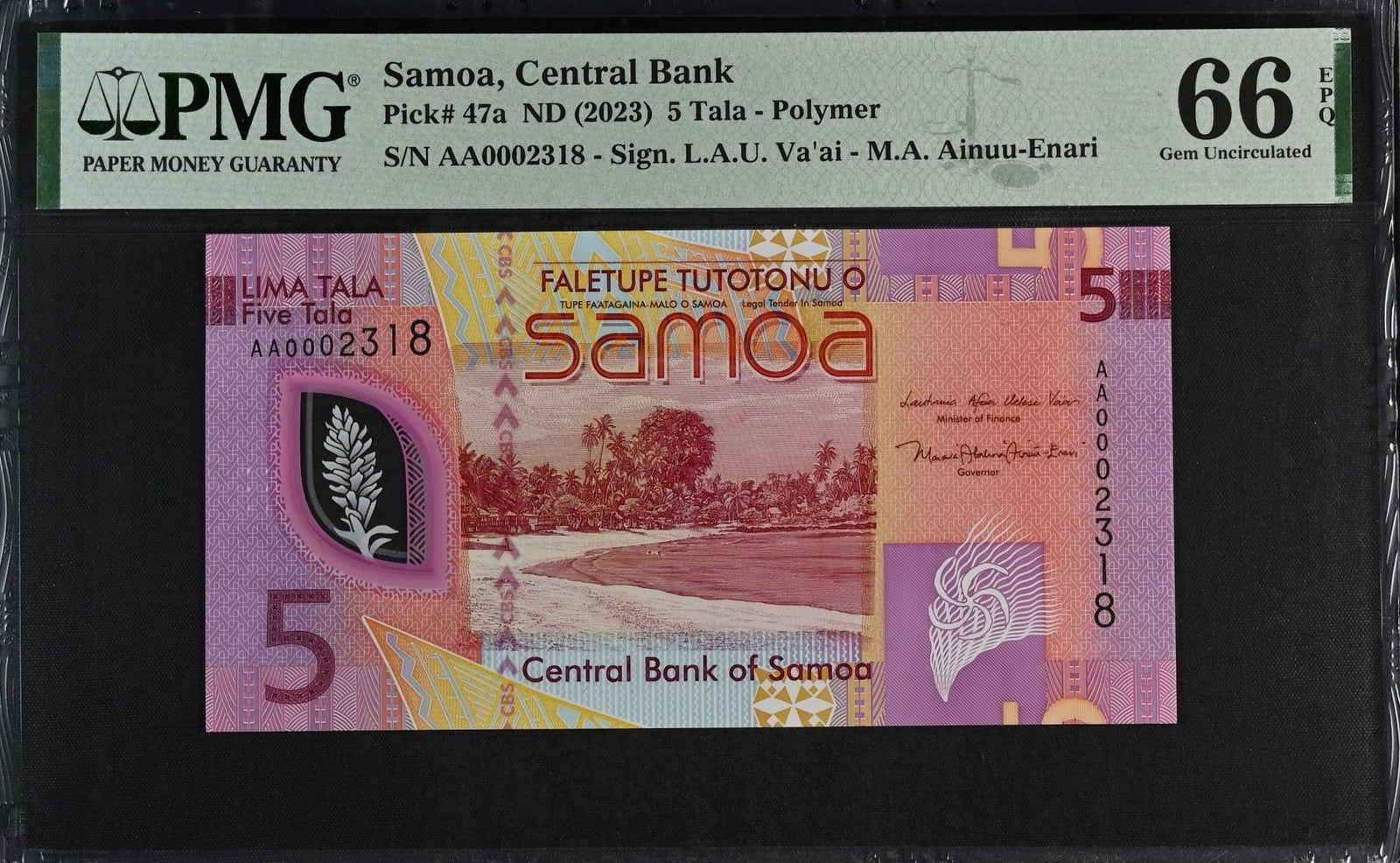 Samoa 5 Tala ND 2023 P 47a Polymer UNC PMG 66 EPQ Prefix AA LOW S/N 3rd TOP POP
