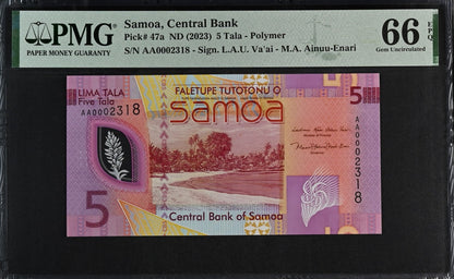 Samoa 5 Tala ND 2023 P 47a Polymer UNC PMG 66 EPQ Prefix AA LOW S/N 3rd TOP POP