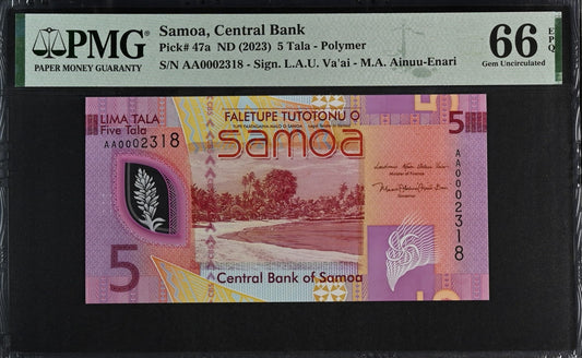 Samoa 5 Tala ND 2023 P 47a Polymer UNC PMG 66 EPQ Prefix AA LOW S/N 3rd TOP POP