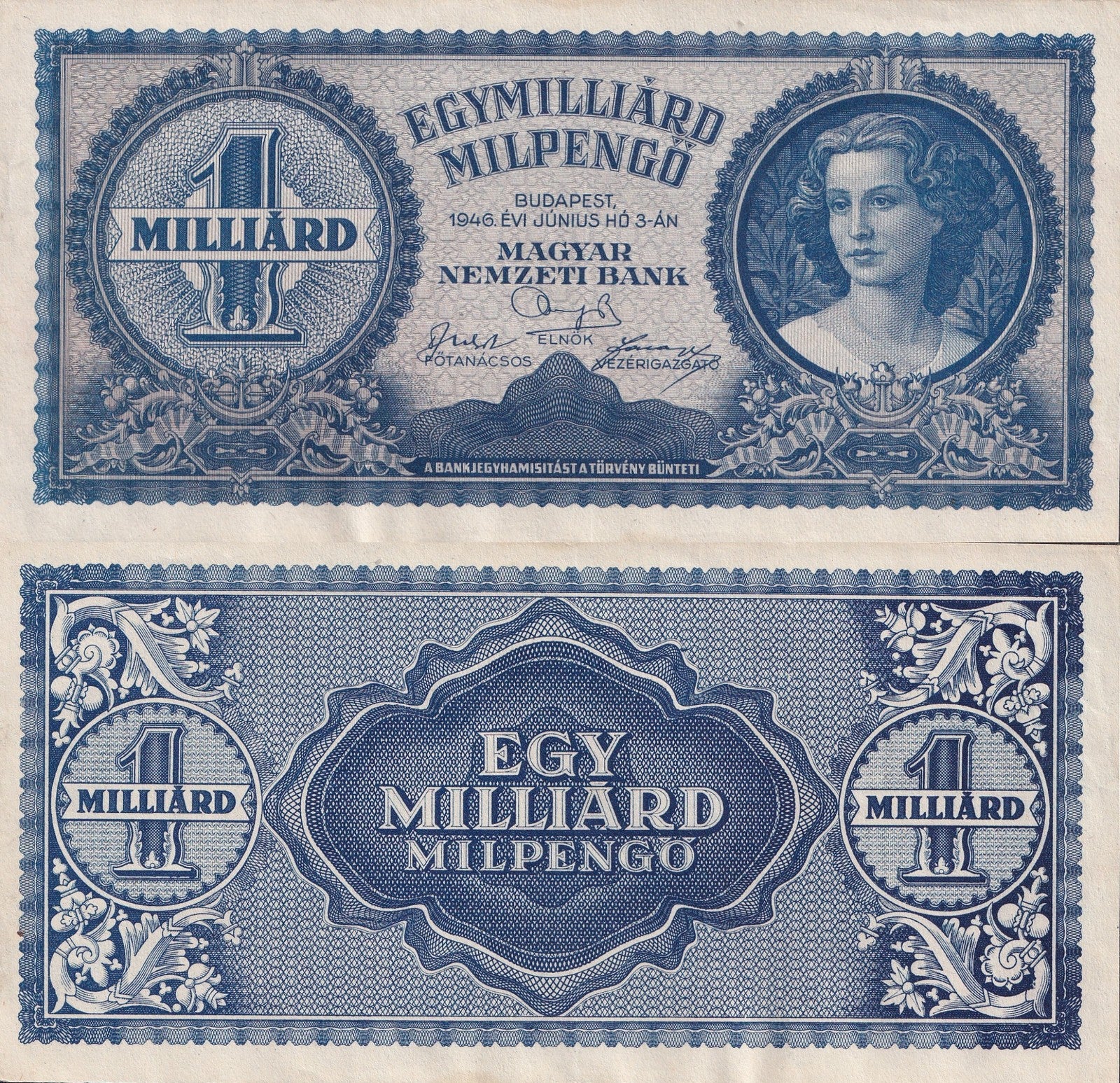 Hungary 1 Quadrillion Pengo 1946 P 131 UNC FOXING
