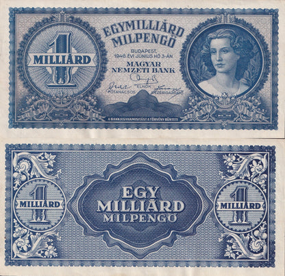 Hungary 1 Quadrillion Pengo 1946 P 131 UNC FOXING