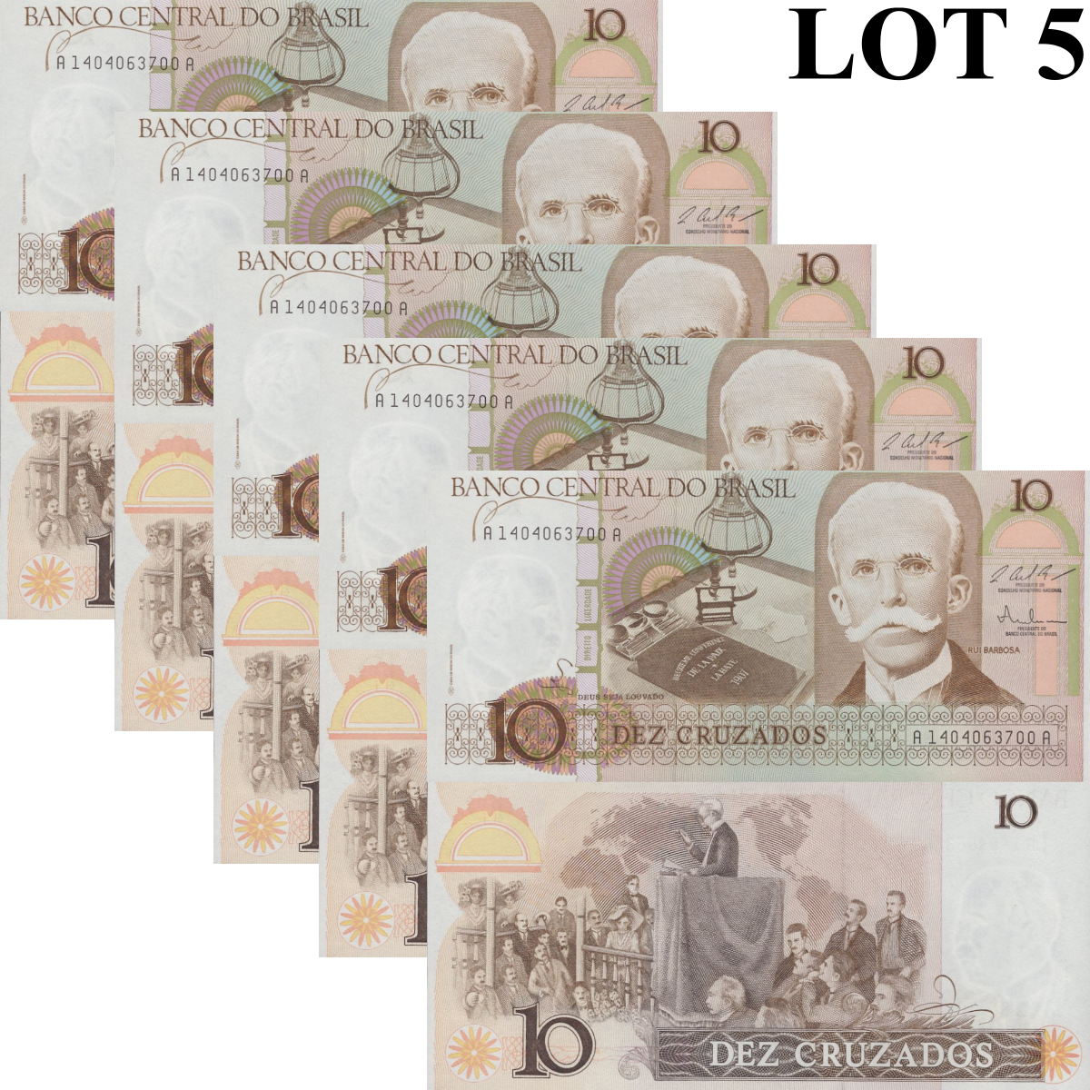 Brazil 10 Cruzados ND (1986 & 1987) P 209b UNC 1/20 Bundle Lot 5 pcs