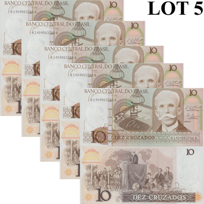 Brazil 10 Cruzados ND (1986 & 1987) P 209b UNC 1/20 Bundle Lot 5 pcs