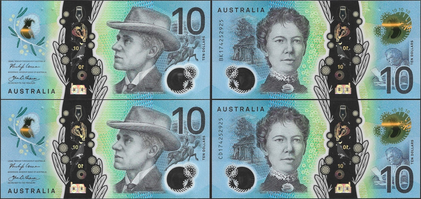 Australia 10 Dollars 2017 P 63 Polymer UNC Set 2 pcs Matching No.