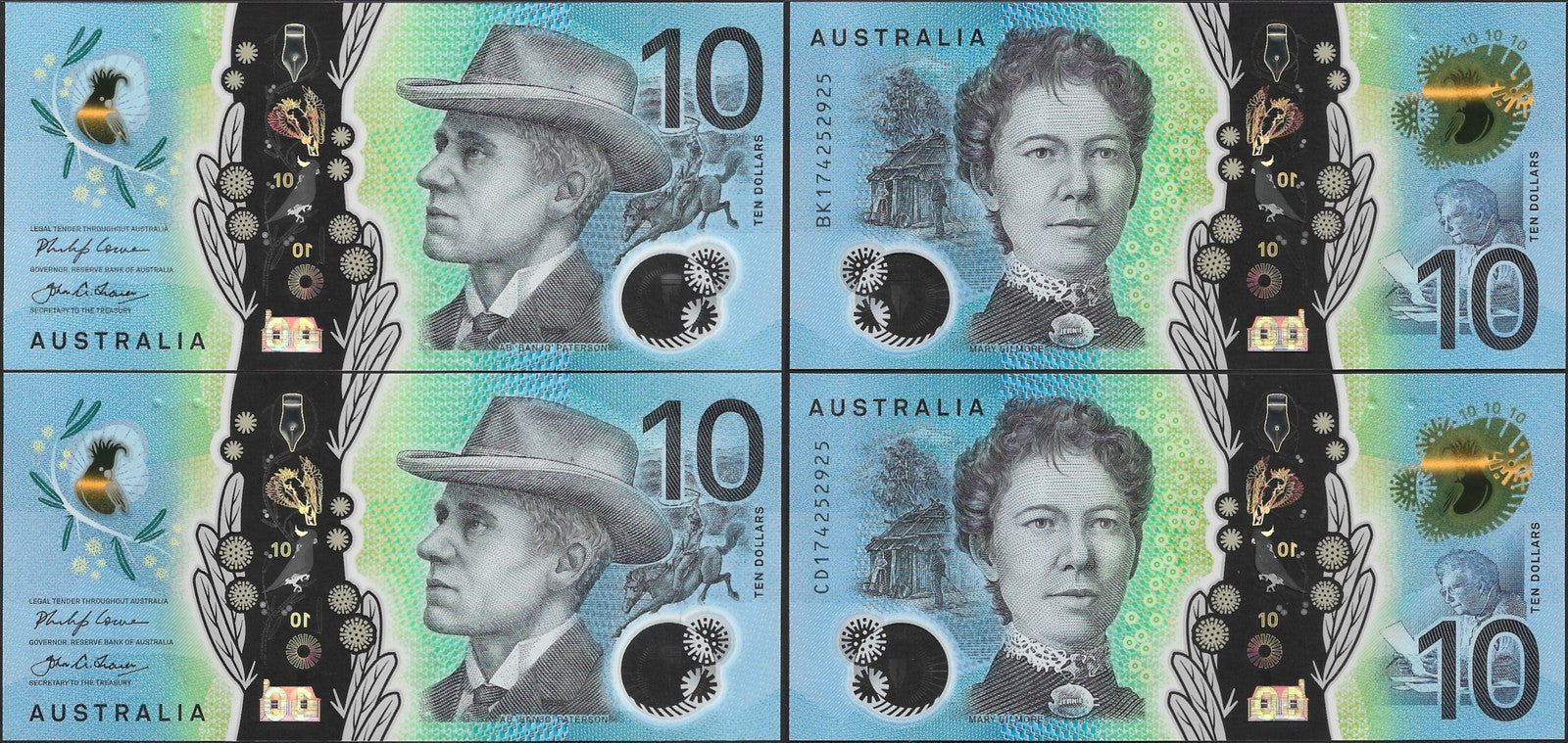 Australia 10 Dollars 2017 P 63 Polymer UNC Set 2 pcs Matching No.