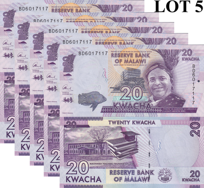 Malawi 20 Kwacha 2016 P 63c UNC 1/20 Bundle Lot 5 pcs