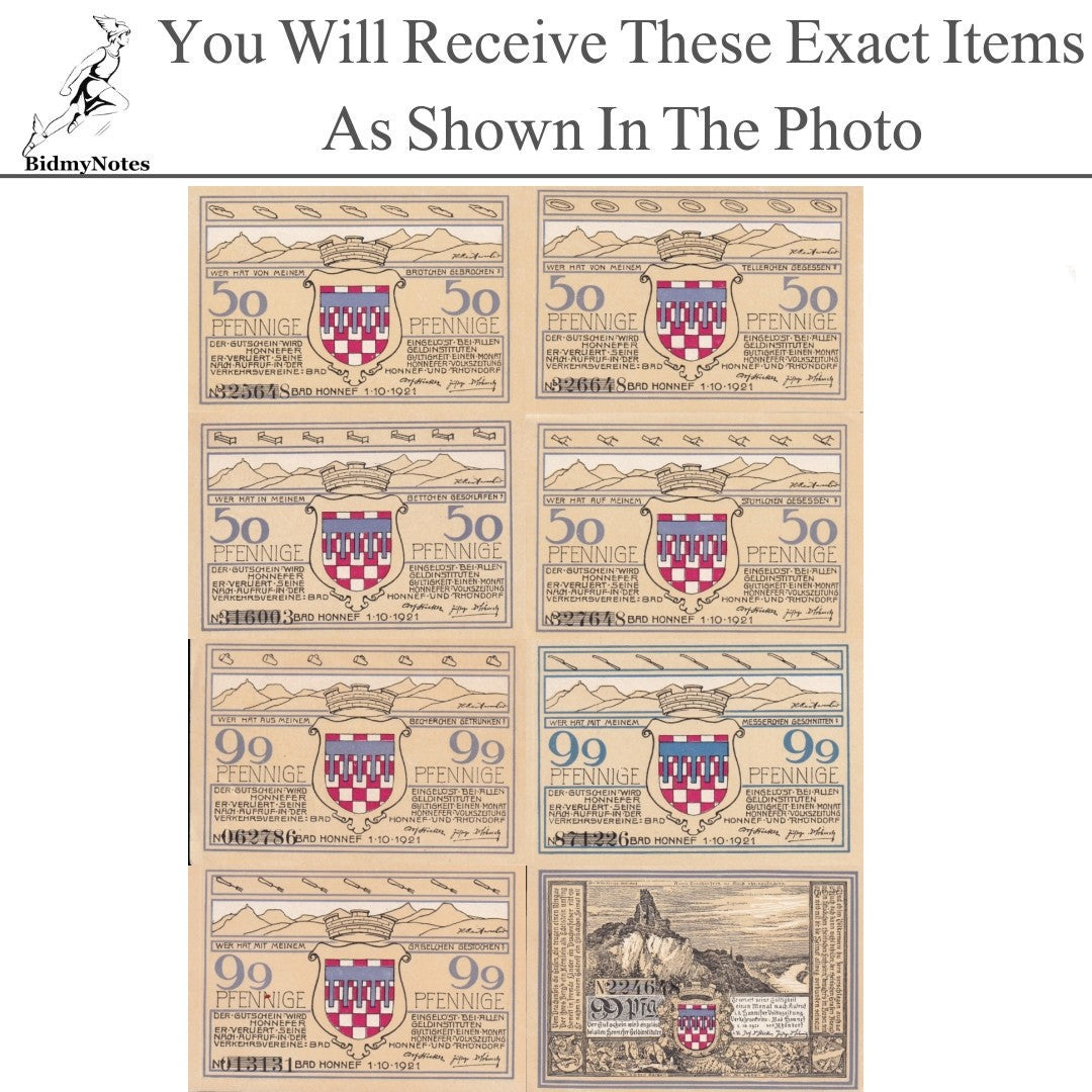 Germany Notgeld BAD HONNEF 50 99 Pfennig 1921 Set 8 pcs