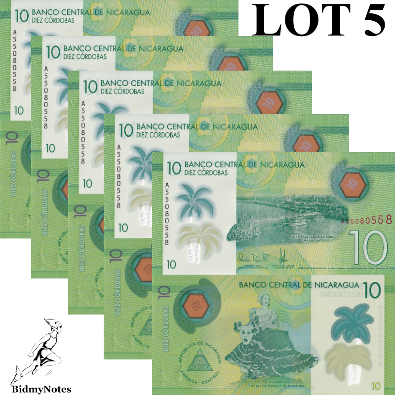 Nicaragua 10 Cordobas 2019 P 209a Polymer UNC 1/20 Bundle LOT 5 pcs
