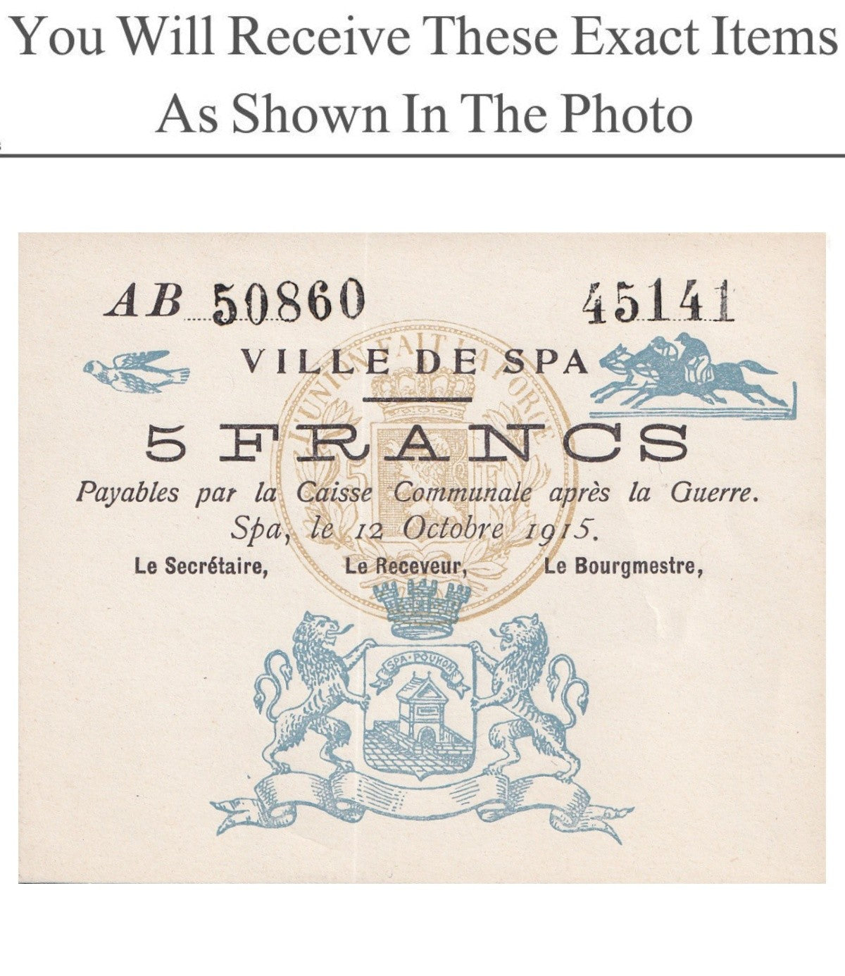 Belgium Notgeld SPA 5 Francs 1915