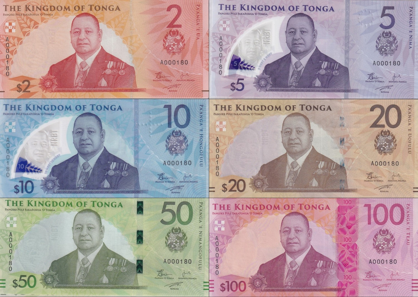 Tonga 2-100 Pa'anga 2023 P 50-55 Paper Polymer UNC Set 6 p Match LOW No. 180 W/F