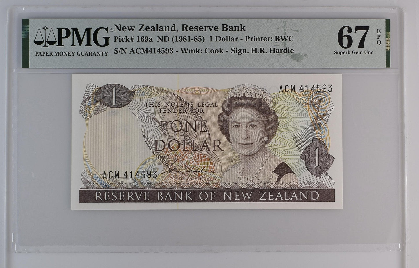 New Zealand Reserve Bank 1 Dollar ND (1981-85) P 169a UNC PMG 67 EPQ 2nd TOP POP