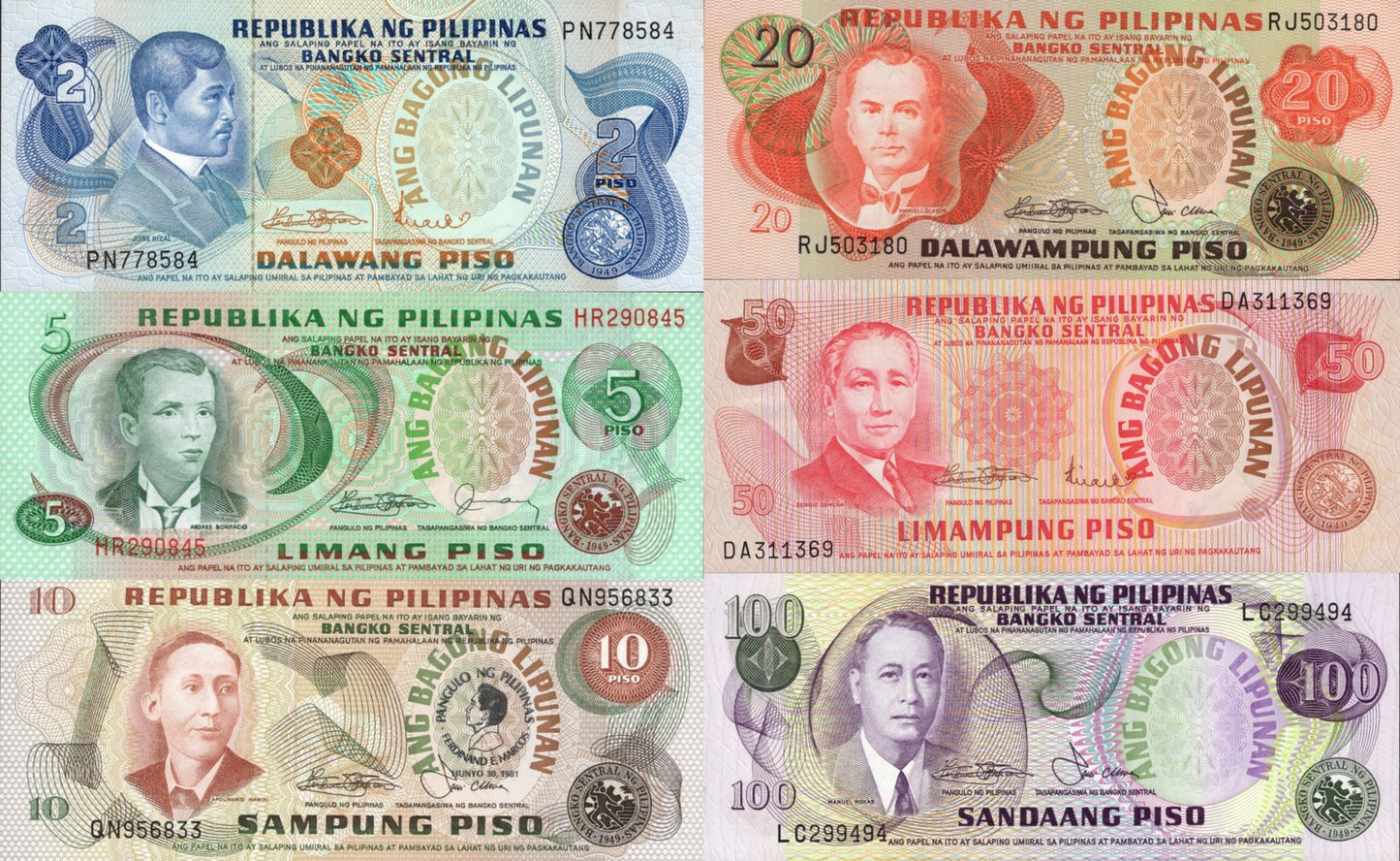 Philippines 2-100 1970-78 P 152 160 167a(1-1) 162 156 164 UNC MINOR FOXING Set 6