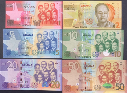Ghana 1 2 5 10 20 50 Cedi 2015 P 37f 37Ad 38f 39f 40f 42c UNC Set 6 pcs