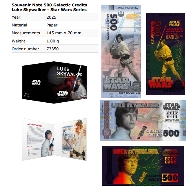 Disney Official Star Wars 500 Galactic Credits 2025 Luke Skywalker UNC W/F