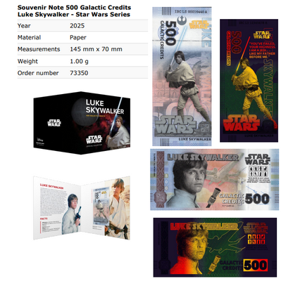 Disney Official Star Wars 500 Galactic Credits 2025 Luke Skywalker UNC W/F