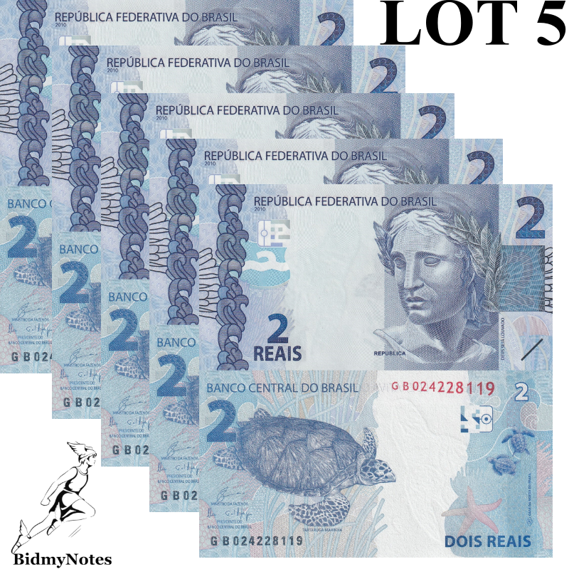 Brazil 2 Reais 2019 / 2010 P 252e UNC GB Prefix  1/20 Bundle LOT 5 pcs