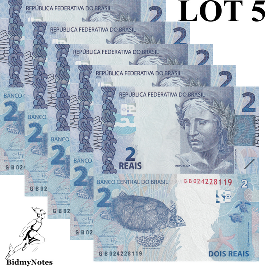 Brazil 2 Reais 2019 / 2010 P 252e UNC GB Prefix  1/20 Bundle LOT 5 pcs