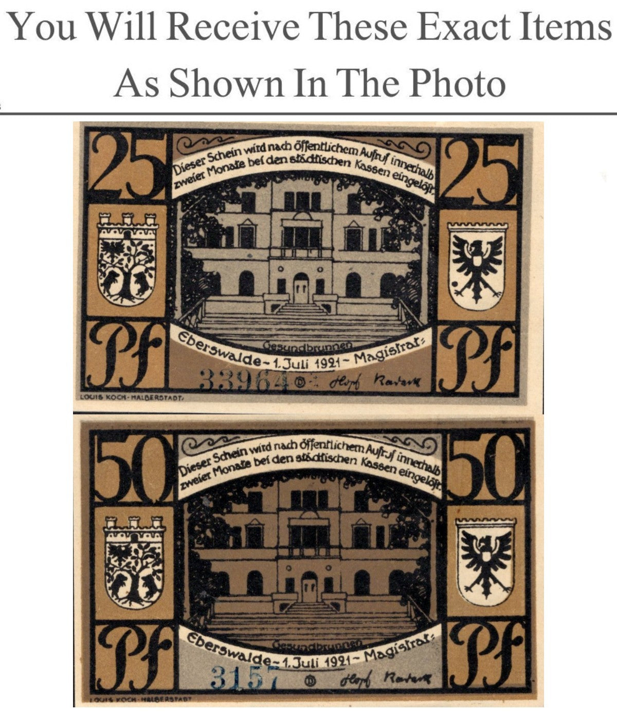 Germany Notgeld EBERSWALDE 25 50 Pfennig 1921 Full Set 2 pcs