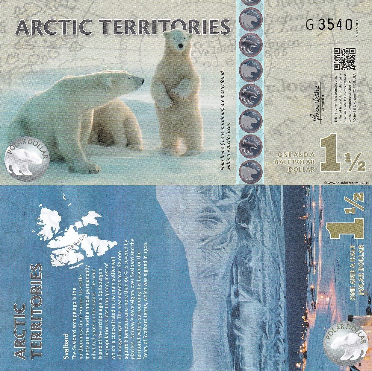 Arctic Territories 1.5 Dollars 2014 Polar Bears UNC Test Note Series A Polymer
