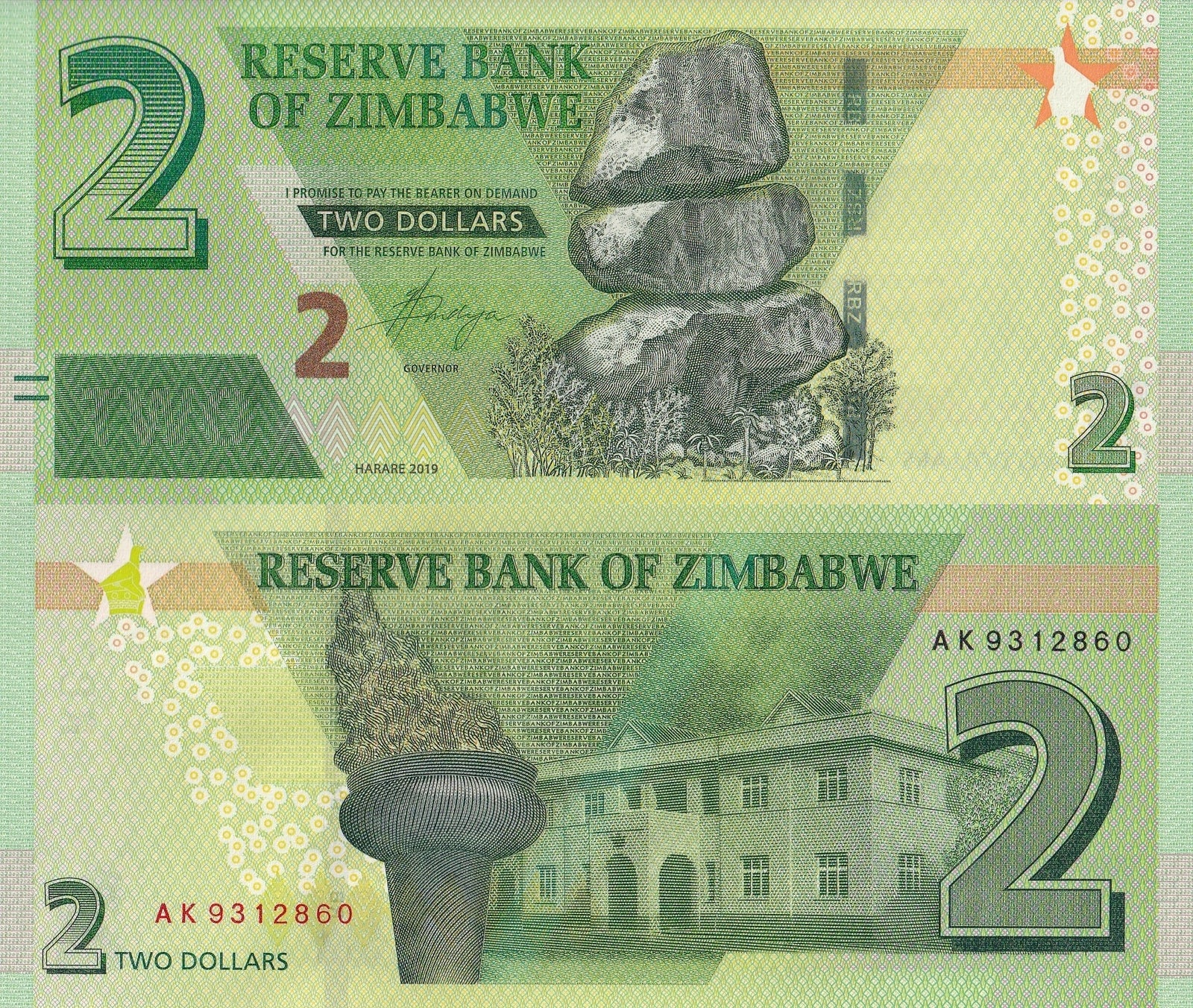 Zimbabwe 2 Dollars 2019 P 101 UNC