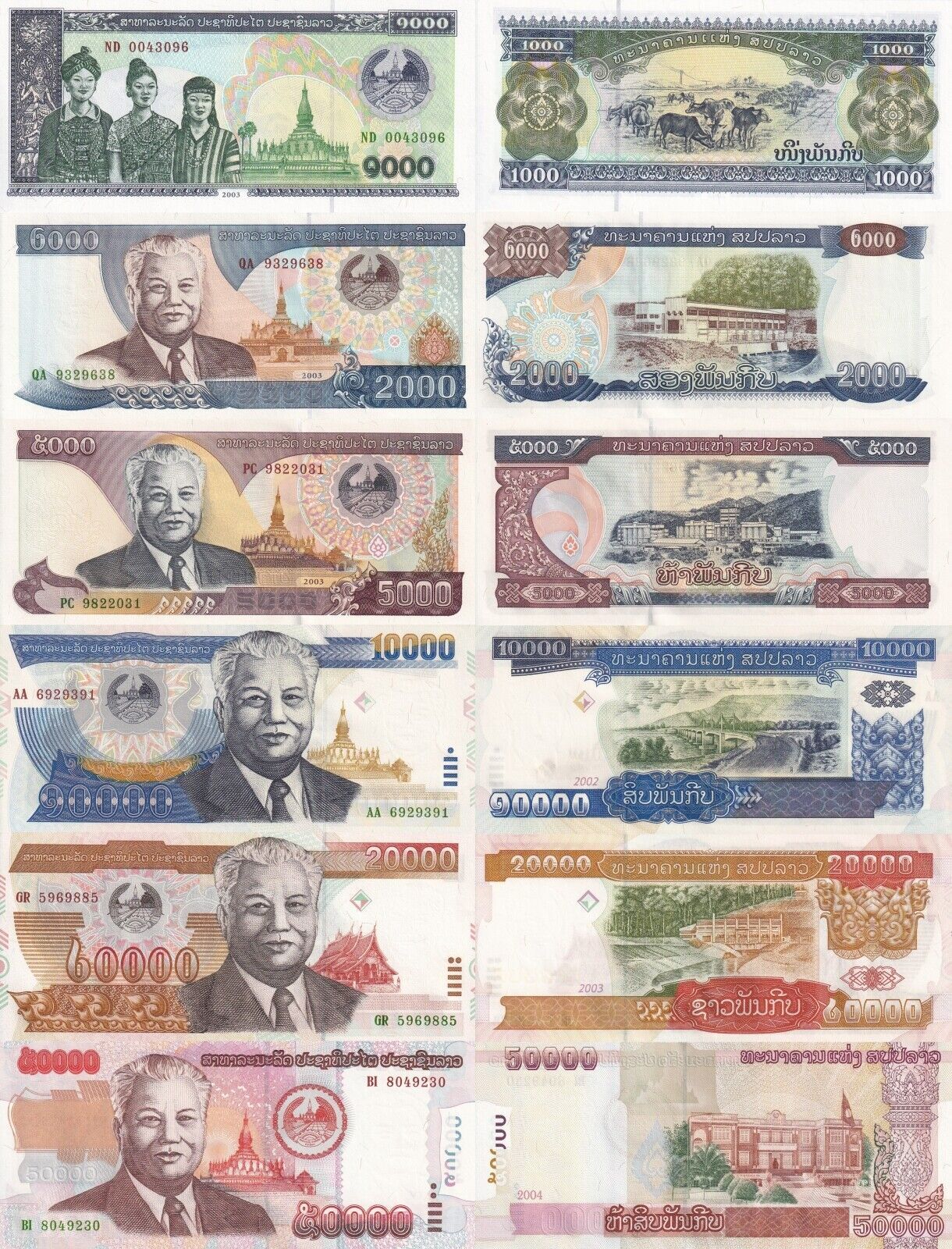Laos 1000 2000 5000 10000 20000 50000 Kip 2002-2004 P 32-38 UNC Set of 6 pcs