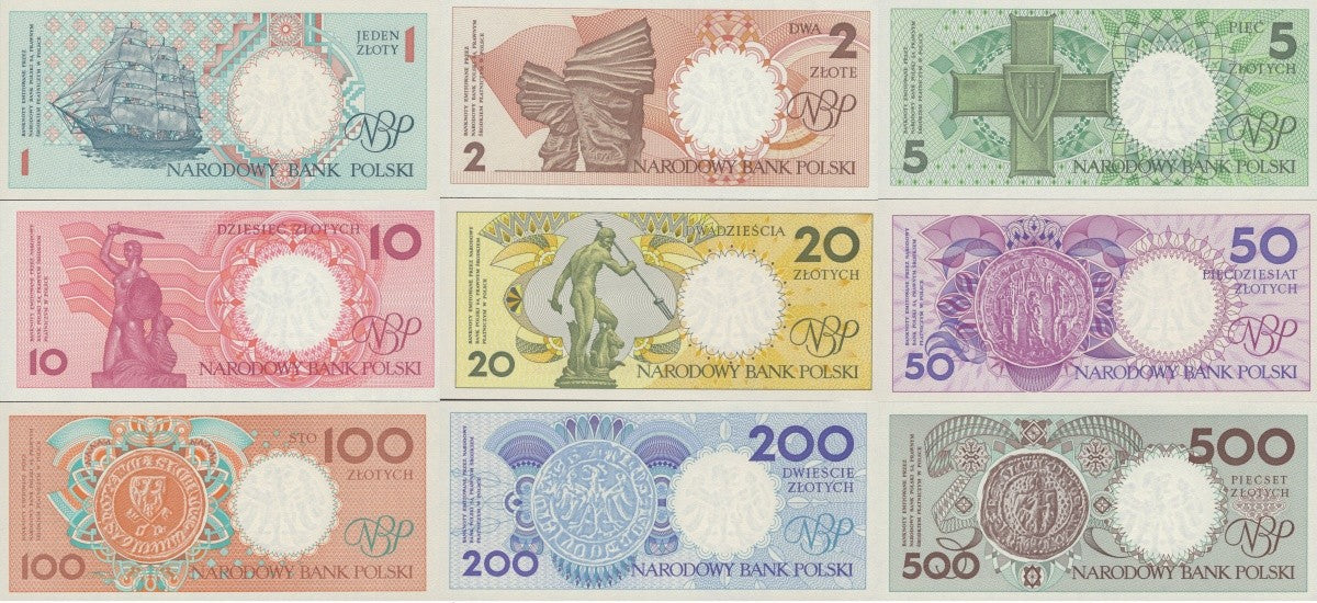 Poland 1 2 5 10 20 50 100 200 500 Zloty 1990 P 164 165 166-172 UNC Set 9 pcs