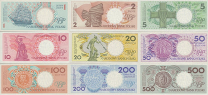 Poland 1 2 5 10 20 50 100 200 500 Zloty 1990 P 164 165 166-172 UNC Set 9 pcs