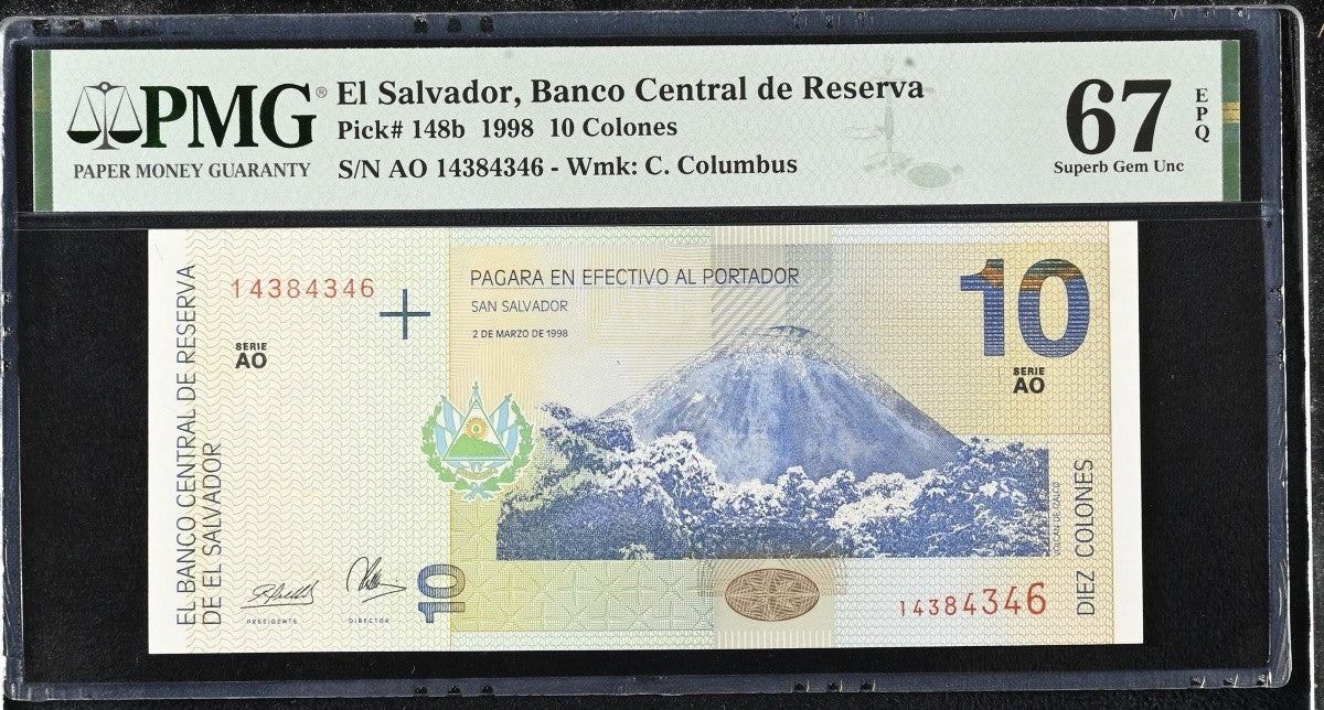 El Salvador 10 Colones 1998 P 148b UNC PMG 67 EPQ 2nd TOP POP