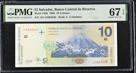 El Salvador 10 Colones 1998 P 148b UNC PMG 67 EPQ 2nd TOP POP