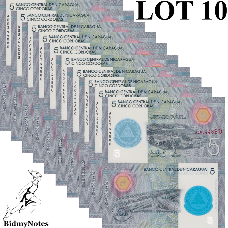 Nicaragua 5 Cordobas 2019 P 219 Polymer UNC Commemorative 1/10 Bundle LOT 10 pcs