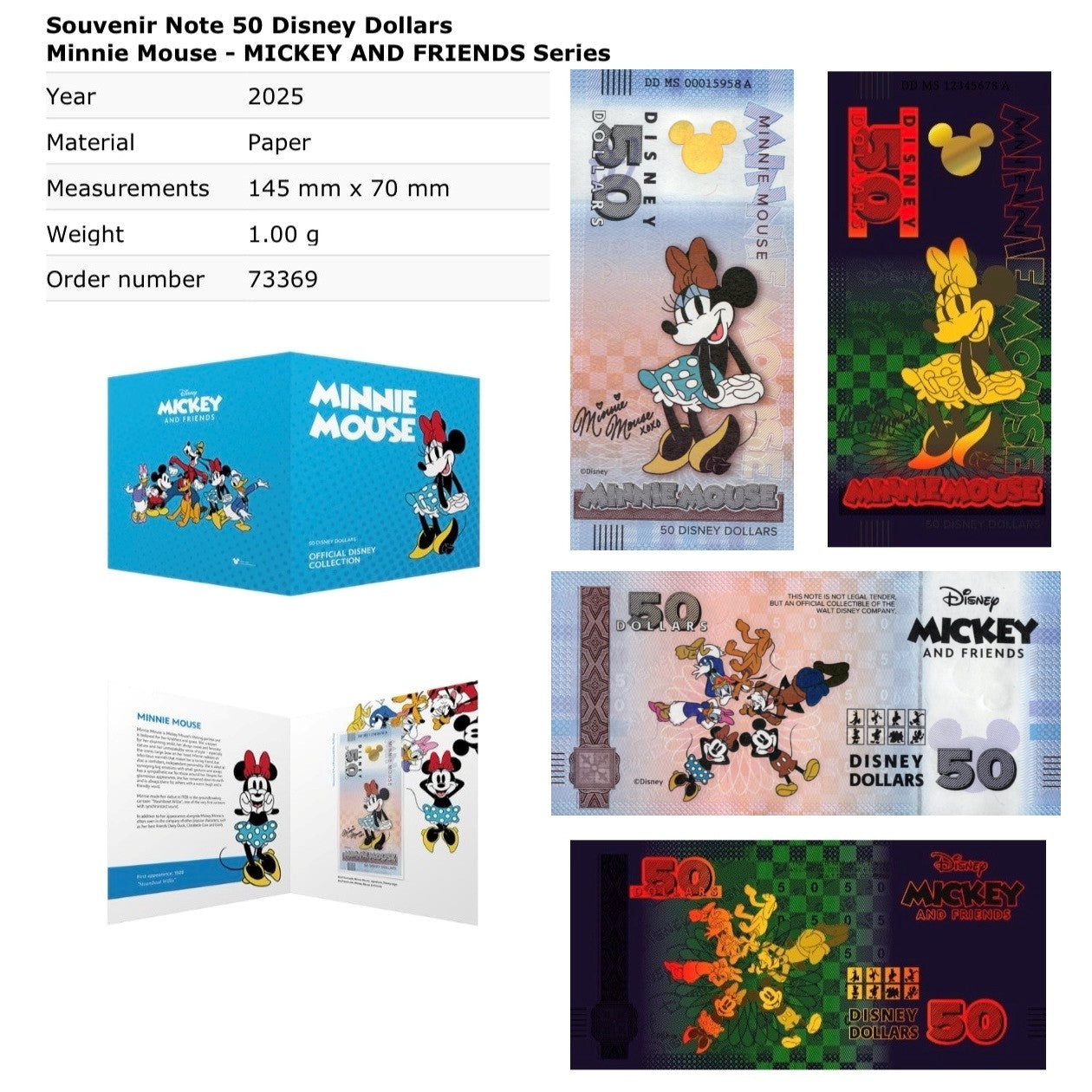 Disney Official Mickey Mouse & Frinds 1 5  10-1000 Dollars 2025 UNC Set 8 p W/F