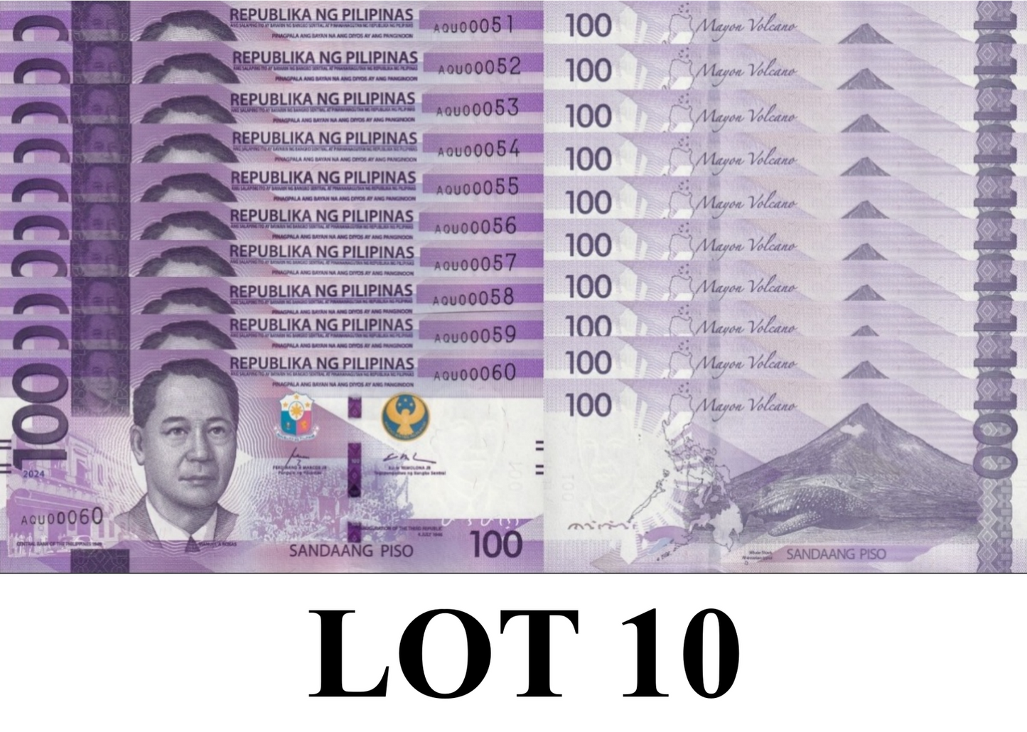 Philippines 100 Piso 2024 P 232A UNC Consecutive Lot 10 pcs LOW S/N 51-60
