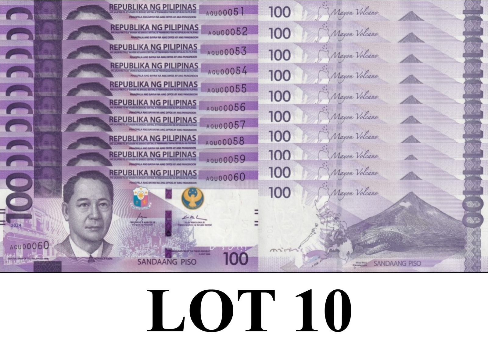 Philippines 100 Piso 2024 P 232A UNC Consecutive Lot 10 pcs LOW S/N 51-60