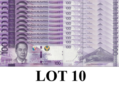 Philippines 100 Piso 2024 P 232A UNC Consecutive Lot 10 pcs LOW S/N 51-60